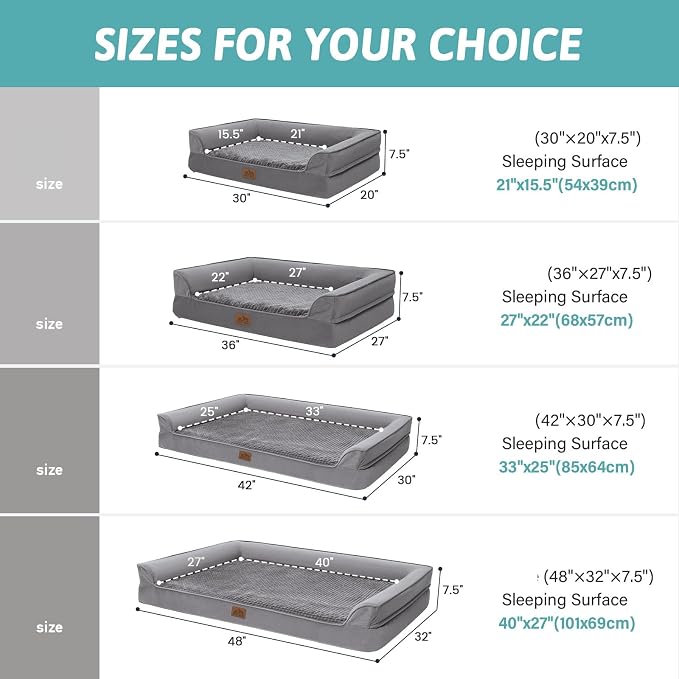 COZY KISS Orthopedic Dog Bed for Extra Large Dog, XL Pet Sofa, Bolster Foam Bed with Sides, Non-Slip and Egg-Crate Big Dog Couch Bed with Washable Removable Cover, U-Shaped, 42x30x7.5 inch, Grey