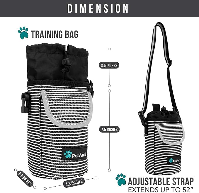 PetAmi Dog Treat Pouch, Large Hands-Free Training Bag, Stripe Black | Built-In Poop Bag Dispenser, Holds 3 Cups Of Treats, 4 Ways to Wear, D-Ring, Reflective Strap, Dog Treat Bag for Walking