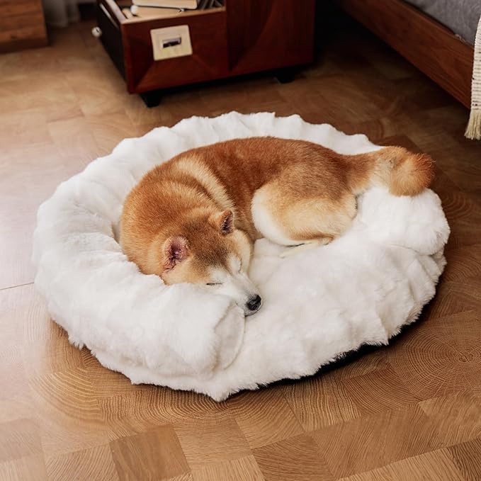 Dog Bed Couch Sofa for Small Medium Dogs Cats 30x30x9 Round White | Round Plush, Orthopedic, Washable, Removable Cover, Anxiety Relief