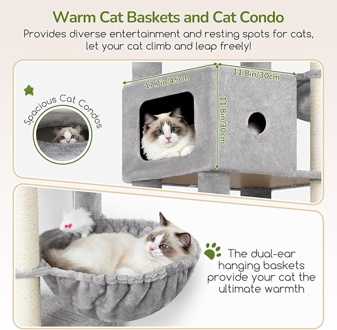 Globlazer F83C Pro Max Heavy Duty Maine Coon Cat Tree, 83in Tall Tower | Easy Assembly, Large Cats, 2 Condos, 3 Hanging Baskets, 2 Perches, 7 Sisal Scratching Posts, Anti-Topple Strap, Light Grey