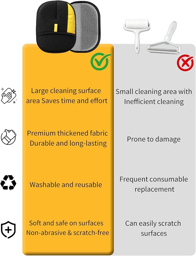 2PCS Pet Hair Remover Glove, Electrostatic for Dogs & Cats | Attracts & collects dog & cat hair from sofas, beds, carpets & clothes via friction. Thickened, reusable, easy to clean.
