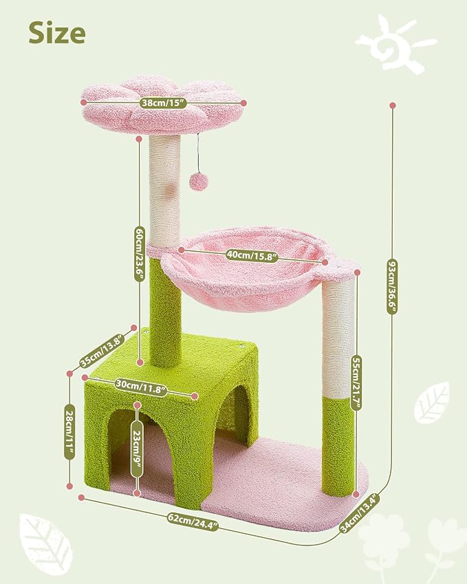 PEQULTI Flower Cat Tree, 36.6" Pink Cat Tower with Sisal Scratching Posts for Indoor Cats, Large Hammock, Condo and Pink Top Perch for Kittens, Fluffy Ball, Blue