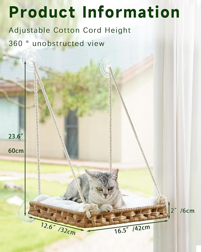 SETVSON Cat Window Perch 2 Pack, Handwoven PE Rattan Hammock, Natural | 2 Pack PE Rattan Window Hammock with 4 Suction Cups, 2.3" Safety Fence, Washable Double Sided Cushion, Steel Frame