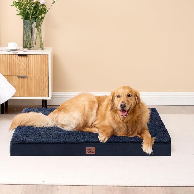 EHEYCIGA Orthopedic Dog Bed Large with Removable Washable Cover, 41IN Navy | Egg Crate Foam Support, Durable Oxford fabric, Non-Slip Bottom, Machine Washable, Soft Waterproof Plush Pet Bed Mat For Crate