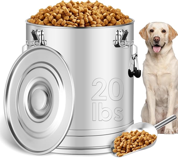 Stainless Steel Dog Food Storage Container,20LB/25LB Airtight Dog Food Storage Container with Lid to Keep Fresh,Easy Clean Large Pet Food Storage Container with Scoop for Cat Food,Chicken Feed,Rice