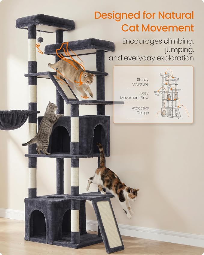 Feandrea 72.6-Inch Tall Cat Tree Tower for Indoor Extra Large Cats, Scratching Posts, Scratching Boards, Multi-Level Design, Dark Gray UPCT014G201S