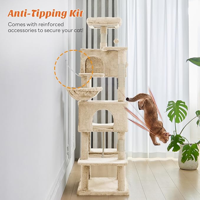 Large 66 Inch Cat Tree Tower with Sisal Scratching Post | Multi-Level Cat Climbing Tower with Hammock, Pet Condo for Indoor Cats and Kittens, Beige
