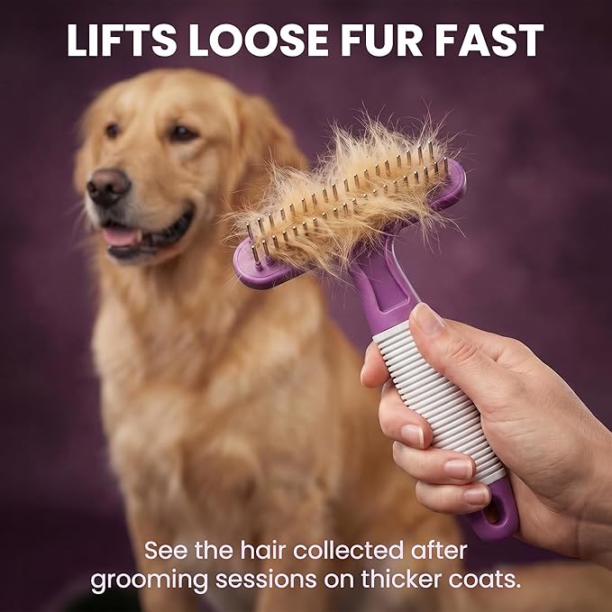 POODLIE Poodle Pet Dog Grooming Rake| Dematting Tool with Stainless Steel Shedding Comb for Pets | 2 Rows of Pins Gently Remove Loose or Tangled Hair from Undercoat | Purple Handle