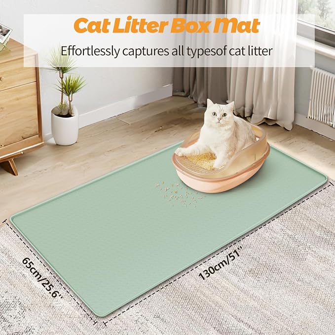 Cat Litter Mat for Litter Box 51"x25.6" Extra Large Silicone Mat, Green | Waterproof Non-Slip Litter Box Mat with Raised Edges, Cat Litter Trapping Mat for Pet, Cat Litter Rug for Floor