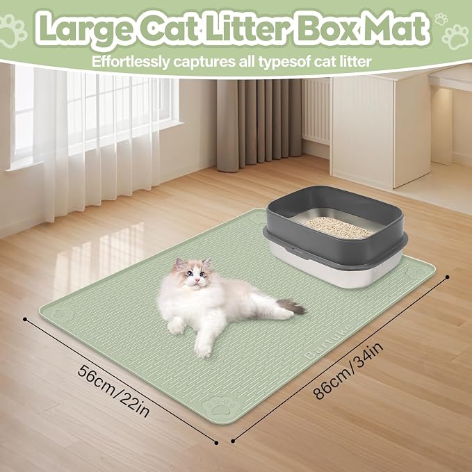 Kalolary Cat Litter Box Mats, Large 34" x 22" Silicone Cat Mat | Easy to Clean Kitty Litter Trapping Mat, Soft on Kitty Paws, Waterproof, Urine-Proof Kittys Litter Mats for Floor, Green