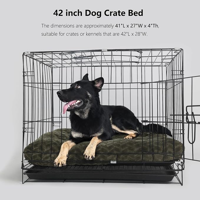 42 Inch Dog Crate Bed for Large Dogs,Washable Large Dog Crate Pad for Dog Cages,Soft Jacquard Flannel Kennel Mat with Anti-Slip Bottom,Fluffy Dog Bed for Crates and Indoor Floors,Olive Green