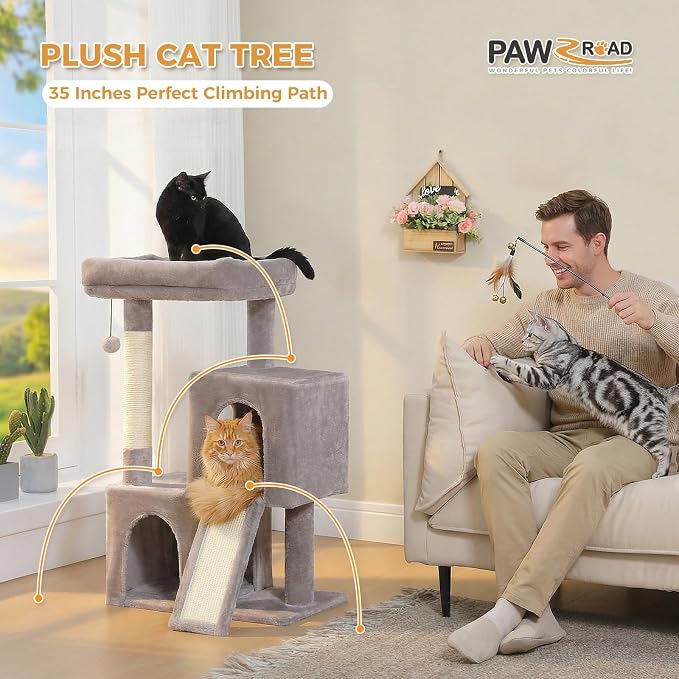 PAWZ Road Cat Tree, 35 Inches Cat Tower with Dual Condos for Adult Cats,Enlarged Top Perch, Scratching Posts&Pad for Indoor Cats-Gray