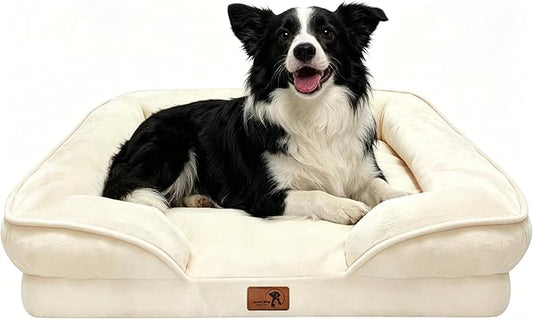 Spotted Play Orthopedic Dog Bed with Sides - Sofa Beds for Large Dogs, Supportive Foam Pet Couch Bed with Washable Removable Cover, Waterproof Lining and Non-Slip Bottom, Ivory - L