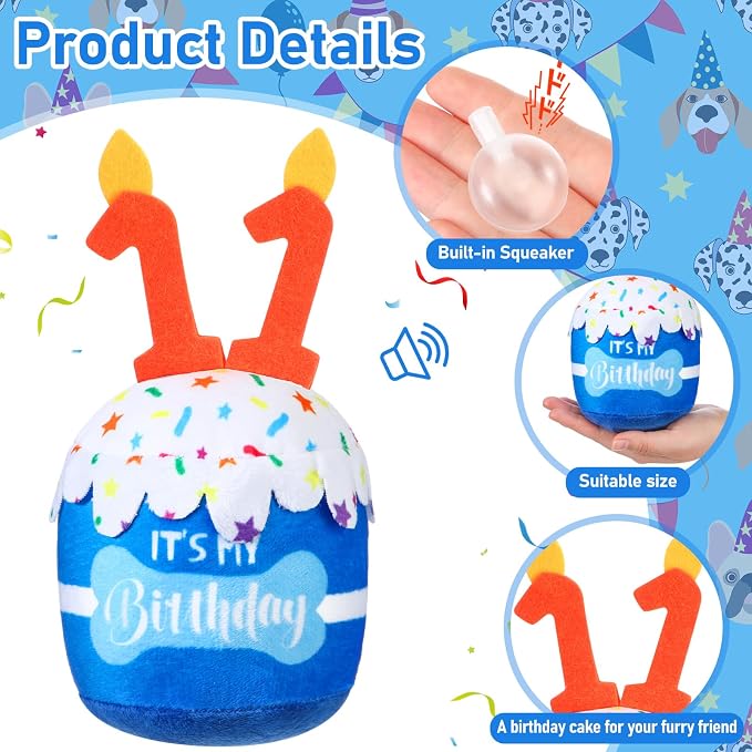 Dansydaisy Dog Birthday Cake Toy Squeaky Plush Toy for Girl Boy Gifts, Chew Accessories for Dog Birthday Party Decor Favor for Large, Medium and Small Dogs(11th,Blue)