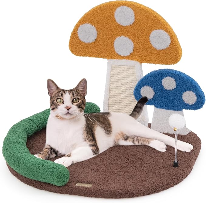 PETSITE Mushroom Cat Tree for Indoor Cats, Modern Small Cute Cat Tree with Natural Sisal Scratching Board, and Teasing Spring Ball (17 Inches Tall)