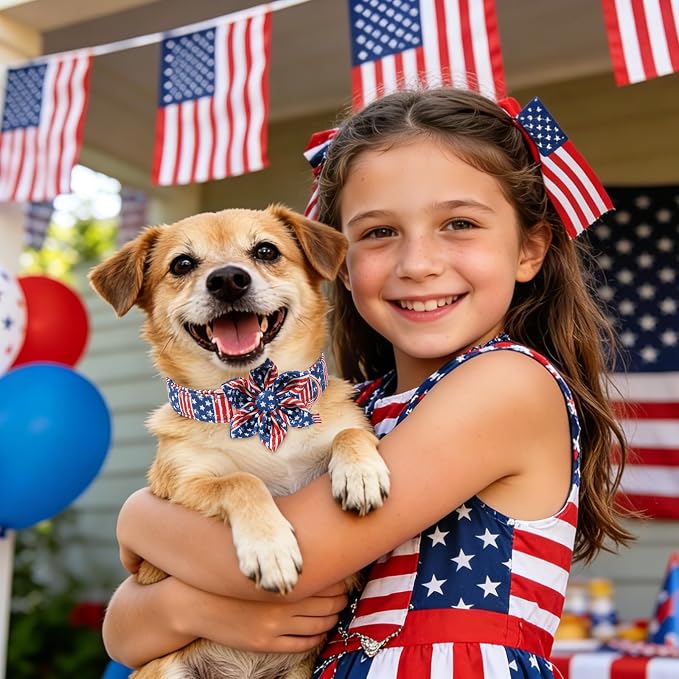 4th of July American Flag Dog Collar, DOGWONG Red Blue Flower Dog Collars with Metal Adjustable Buckle, Comfortable Independence Day Dogs Collars for Large Dogs, XL
