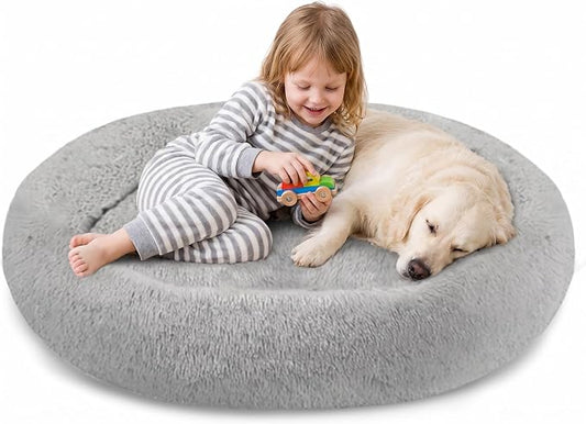 SAVFOX 54 inches Calming Donut Dog Bed - 3X Durable Plush Faux Fur, Machine Washable & Non-Slip, Fits up to 210 lbs, Removable Cover, Light Grey