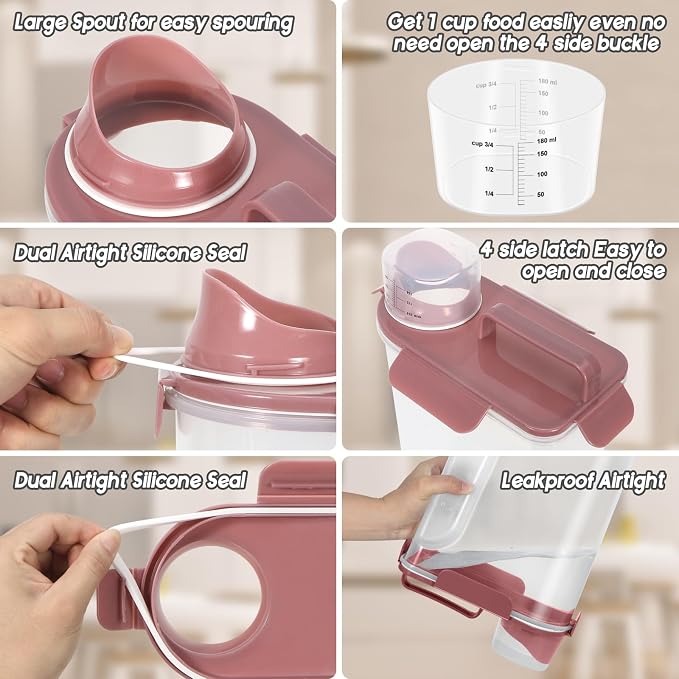 LEAWALK 5-7Lbs Airtight Pet Storage Container For Cat Dog Bird Food and Keep Fresh, Translucent Body, Upgraded Large Nozzle for Easy Pouring With Handle Design Easy to Carry When Going Out-Pink