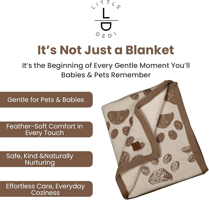 100% Organic Cotton Pet Blanket 30 x 38 in – Plush Double Layer Sherpa, Cozy Throw for Small Dogs, Cats & Baby – Earth Ivory/Mocha Meringue