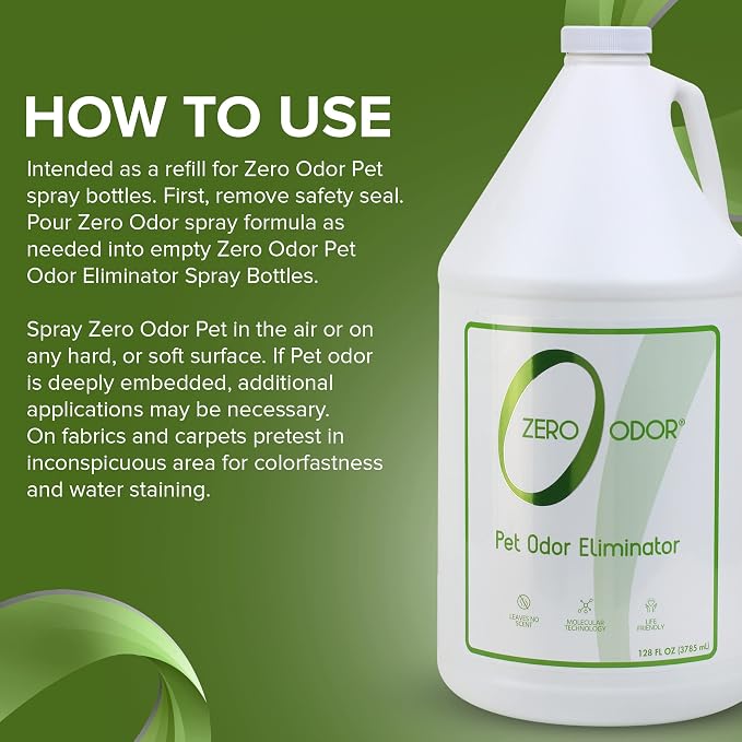 Zero Odor Pet Odor Eliminator Refill for Cat & Dog Urine, Carpet, 128 oz | Enzyme free, Urine Smell Eliminator for Pet Beds, Litter Areas & Furniture – No Lasting Scent, Sprayer not Included