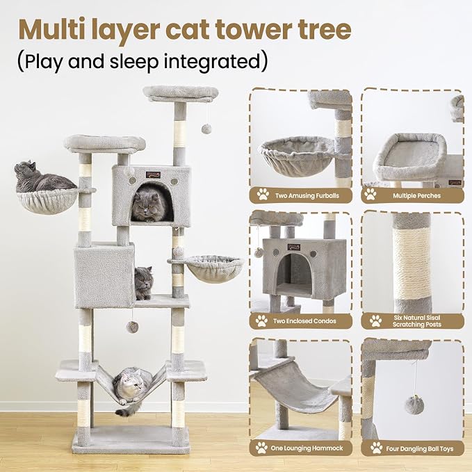 74in Cat Tree Tower for Indoor Cats, Multi-Level Design | 2 Roomy Condos, 2 Cozy Baskets, 2 Padded Perches, 9 Sisal Scratching Posts, Hammock, Hanging Toys, Wide Base, Easy Assembly