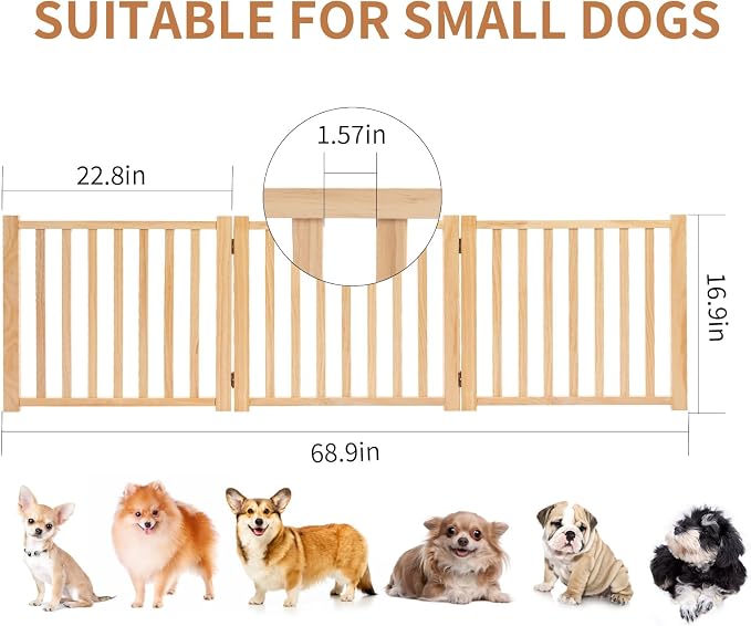 YOCAN Non-Painted Wooden Freestanding Dog Gates for The House,Doorways, Stairs,Wood Dog Fences Indoor Pet Gate,Step Over Fence-3 Panels L:69" H:16.9"