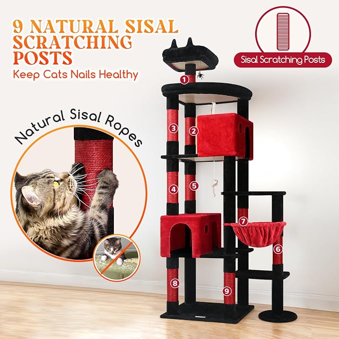 Globlazer Gothic Giant Cat Tree for Indoor Large Cat, 83in, F83, Blood-Goth | XXL Cat Tower with 9 Scratching Posts for 20lb+ Heavy Duty Large Adult Cats