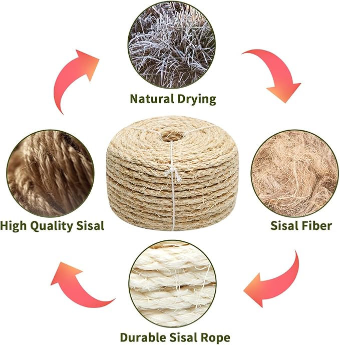 Natural Sisal Rope 1/4 Inch by 49-Feet for Cat Scratching Post Tree Tower Replacement Repair and Replace, DIY Hemp Twine Rope for Kittens Shelves Furniture Window Bed Perch Climbing, 6mm by 15m
