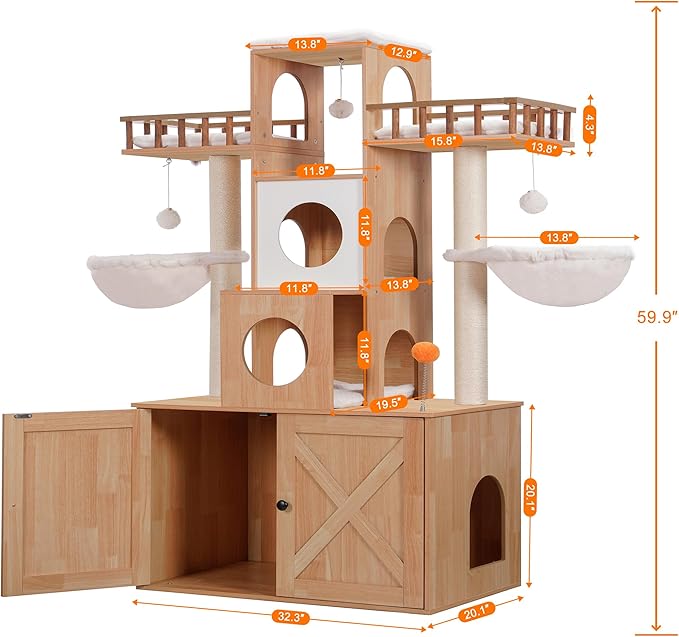 Heybly Cat Tree with Litter Box Enclosure for Indoor Big Cat HCT110WB | Cat Tower for Large Cats 20 lbs Heavy Duty, Modern Cat Condo Furniture with Scratching Posts, Walnut