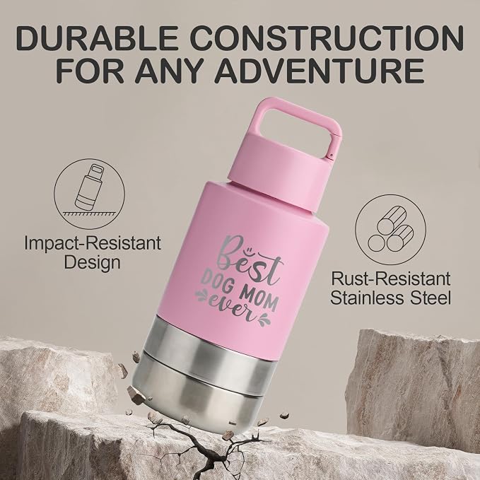 KEWIXY Insulated Dog Travel Water Bottle With Detachable Bowls, Ideal Dog Mom Gifts for Women, Portable Water Bottle Dispenser, For Walking, Hiking, Camping, Outdoor (Pink:Best Dog Mom, 32 Oz)
