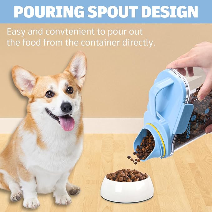 Dog Food Storage Container with Large Pour Spout, Blue | Pet Food Container with Measuring Cups, Keep Food Fresh, Portable Cat Food Container for Dogs, Cats, Birds
