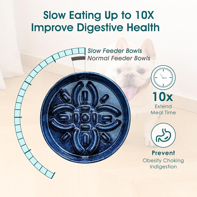 vancasso Ceramic Slow Feeder Dog Bowls, Puzzle Dog Food Bowls with Floral Maze, Anti -Slip Pet Food Dish for Small Breed, 0.6 Cups, Blue