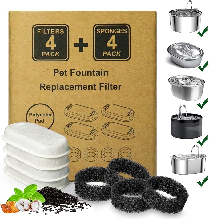 Cat Water Fountain Filter,8 Pack Cat Fountain Filter Replacement for Stainless Steel 67oz/2L and 3.2L/108oz Pet Water Fountain,Pet Fountain Filters Replacement(4+4 Pack)