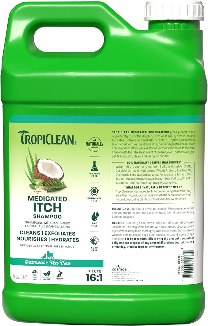 TropiClean Oatmeal Dog Shampoo, Medicated Itchy Skin Relief, 2.5 Gallon | Professional Soothing Medicated Formula | Itchy Skin Relief | Puppy Safe | Made in USA