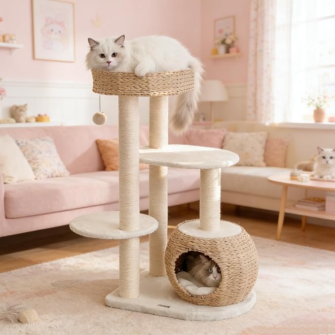Modern Cat Tree, 39" Tall Cat Tree Tower for Cats, Cat Condo with Scratching Posts, Multi-Level Solid Wood Tower & Top Perch, Cat Furniture for Big Cats