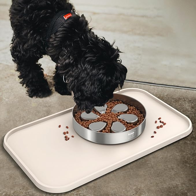 Pet Feeding Mat [Warped Resistant Raised Edge], Water-Proof Silicone Placement for Food Water Bowls, Anti-Slip Base Protect Floor, BPA-Free&Dishwasher-Safe [18.5x11.5inch Small, Sand White]
