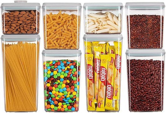 Food Storage Containers Pop Airtight Food Storage Containers with Lids for Kitchen Pantry Organizing Cereal Snack Flour Sugar Coffee Spaghetti Stackable - 8 Pcs (1.2, 2.0, 2.7, 3.3qt)*2