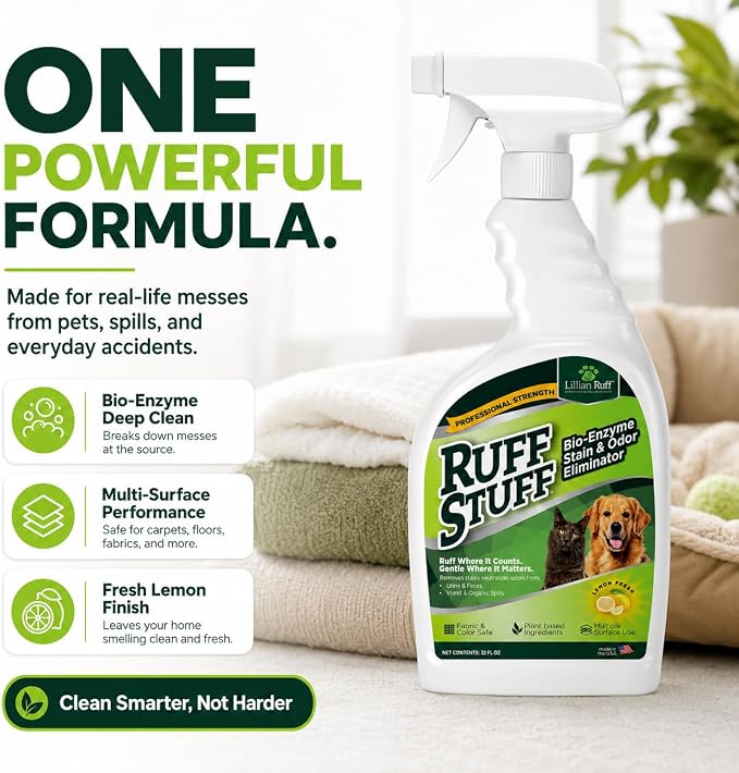 RUFF STUFF Max-Strength Bioenzyme Cleaner, Pet Stain & Odor Eliminator, Laundry Stain Remover Spray for Clothes, Dog Urine Carpet & Upholstery Cleaner, Lemon Scent, 32 Fl Oz