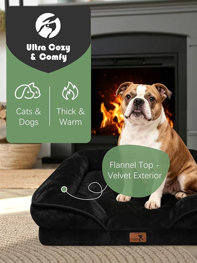 Spotted Play Orthopedic Dog Bed with Sides - Sofa Beds for Large Dogs, Supportive Foam Pet Couch Bed with Washable Removable Cover, Waterproof Lining and Non-Slip Bottom, Black - L