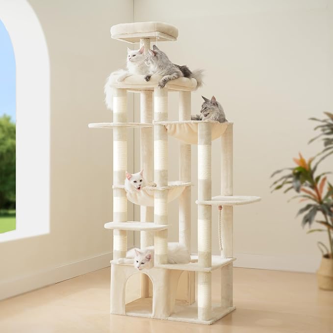 Heybly Cat Tree, 71-Inch Tall Cat Tower for Large Maine Coon Cats HCT03MG | Cat Condo Furniture with Extra-Large Baseboard, Multi-Level Platforms, 2 Hammocks and 12 Scratching Posts, Beige