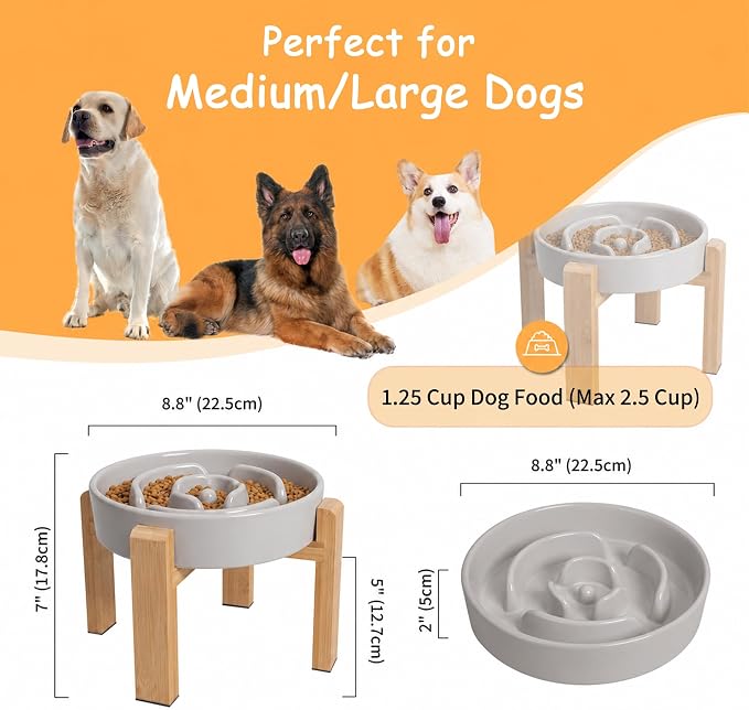 Elevated Slow Feeder Dog Bowl Large Breed, 8.8 Inch Ceramic Slow Eating Bowl with Bamboo Stand, Anti-Choking Raised Maze Design for Medium to Large Dogs, 3.2 Cup, Grey