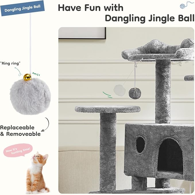 DUMOS 54 Inch Cat Tree Tower with Scratching Posts | Indoor Multi-Level Pet House for Large Cats with 2 Condos, Round Platform, Small Ladder and Toys, Light Grey