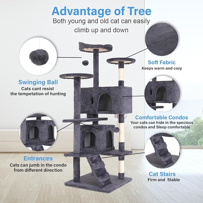 FDW | 54" Cat Tree Tower | Ashy | Multi-Level Indoor Activity Center | with Sisal Scratching Posts, Condos, Plush Perches, Hanging Cat Toys | Sturdy, Easy to Assemble | for Kittens & Adult Cats