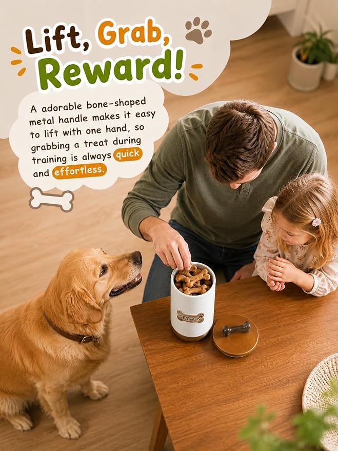 Miamolo Dog Treat Jar Ceramic Dog Treat Container with Wooden Lid, 8 Cups Airtight Dog Food Storage Container for Countertop, Farmhouse Dog Biscuit Jar Gift for Dog Lovers - Bone Dotted White
