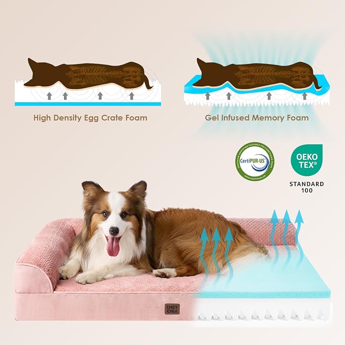EHEYCIGA XXL Dog Bed Memory Foam, Orthopedic Giant Dog Bed Jumbo with Washable Removable Cover, Waterproof Pet Sofa Couch with Nonskid Bottom, 48x35x7.5, Pink