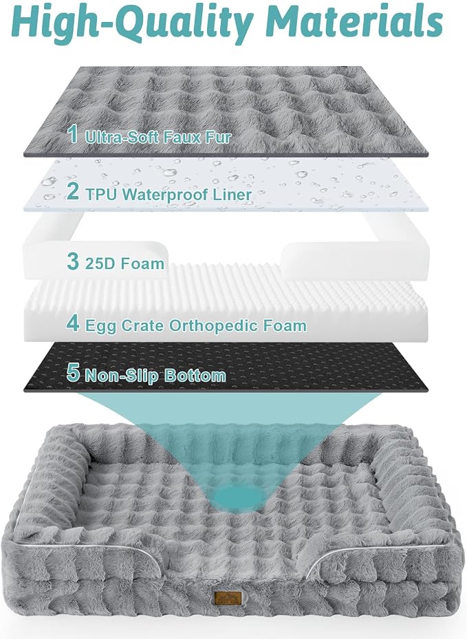 COZY KISS Orthopedic Dog Bed for Extra Large Dog 44x32 inch, XL Faux Fur Pet Sofa, Bolster Foam Bed with Sides, Non-Slip and Egg-Crate Big Dog Couch Bed with Washable Removable Cover, Grey