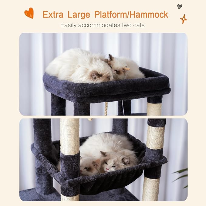 Heybly Cat Tree for Large Cats, 20lbs Heavy Duty, 60 inches HCT050G | Cat Tower for Indoor Cats with Big Padded Plush Perch, Multi-Level Furniture Condo with Cozy Basket, Smoky Gray