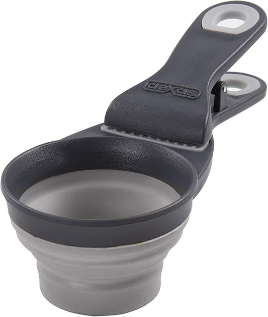 Dexas Popware for Pets Collapsible Klip Scoop, 3-in-1 Pet Food Scoop, Measuring Cup and Bag Clip, 1/2 Cup Capacity, Light Gray