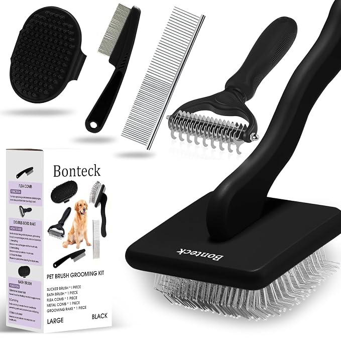 Bonteck Dog Slicker Brush for Dogs Grooming Kit 5PCS | Large Dog Brush for Goldendoodles Poodles Doodles | Long Pin Haired Brush | Poodle Brushes and Comb (Black)