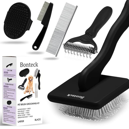 Bonteck Dog Slicker Brush for Dogs Grooming Kit 5PCS | Large Dog Brush for Goldendoodles Poodles Doodles | Long Pin Haired Brush | Poodle Brushes and Comb (Black)
